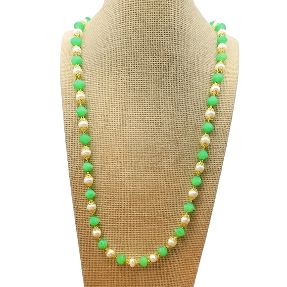 Aprilsplace Jewelry - Gilded Garden 32 inch Necklace Freahwater pearls and Green Glass Aprilsplace